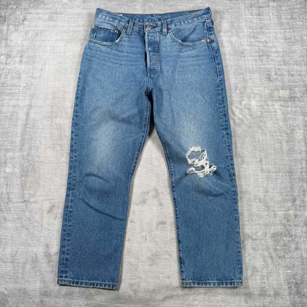 Levis Jeans Womens 30x26 Blue Denim 501 Original Distressed Straight Premium